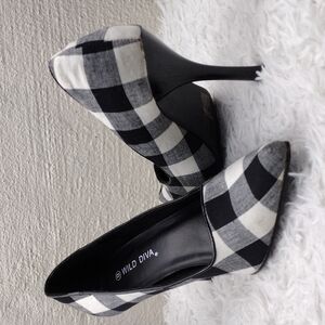 Wild Diva Black Buffalo Check Canvas Upper Pointed Toe Slip On Stiletto Heels